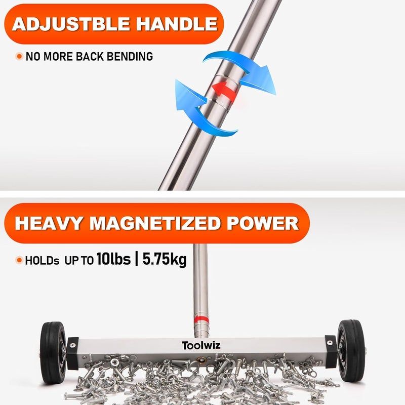 Toolwiz Magnetic Pick Up Sweeper 15-inch Heavy Duty Magnet Pickup Lawn Sweeper Roofing Tools, 10 Lbs Yard Tools with Telescoping Holder and Wheels to Clean Nails Adjustable Handle for Construction - Image 5
